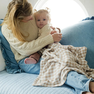 Cotton Gingham Check Baby Blanket in brown, made in Maine