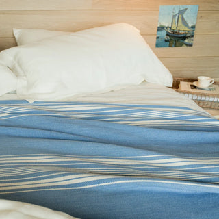 Heirloom Stripe American Cotton Blanket in french blue natural
