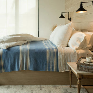 Heirloom Stripe American Cotton Blanket in french blue natural