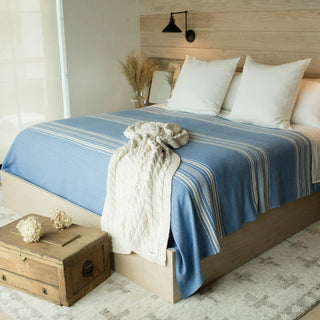 Heirloom Stripe American Cotton Blanket in french blue natural