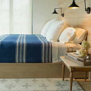 Heirloom Stripe American Cotton Blanket in ink blue natural