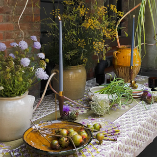 Dia Block Printed Table Runner in moss, linen, by Swans Island