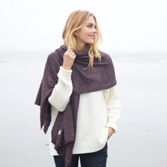 Swans Island Company's Kennebunk Wrap is knit with soft Merino Silk. Hand-dyed colors. Made in USA. Shown here in Vanilla Bean.