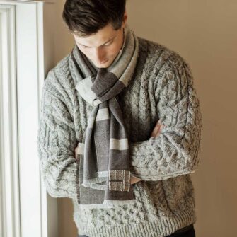 Swans Island Company's Island Collection Scarves. Handwoven in Maine using single-origin wool from Longcove Farm on Vinalhaven Island, Maine. Shown here in Brown with Grey.