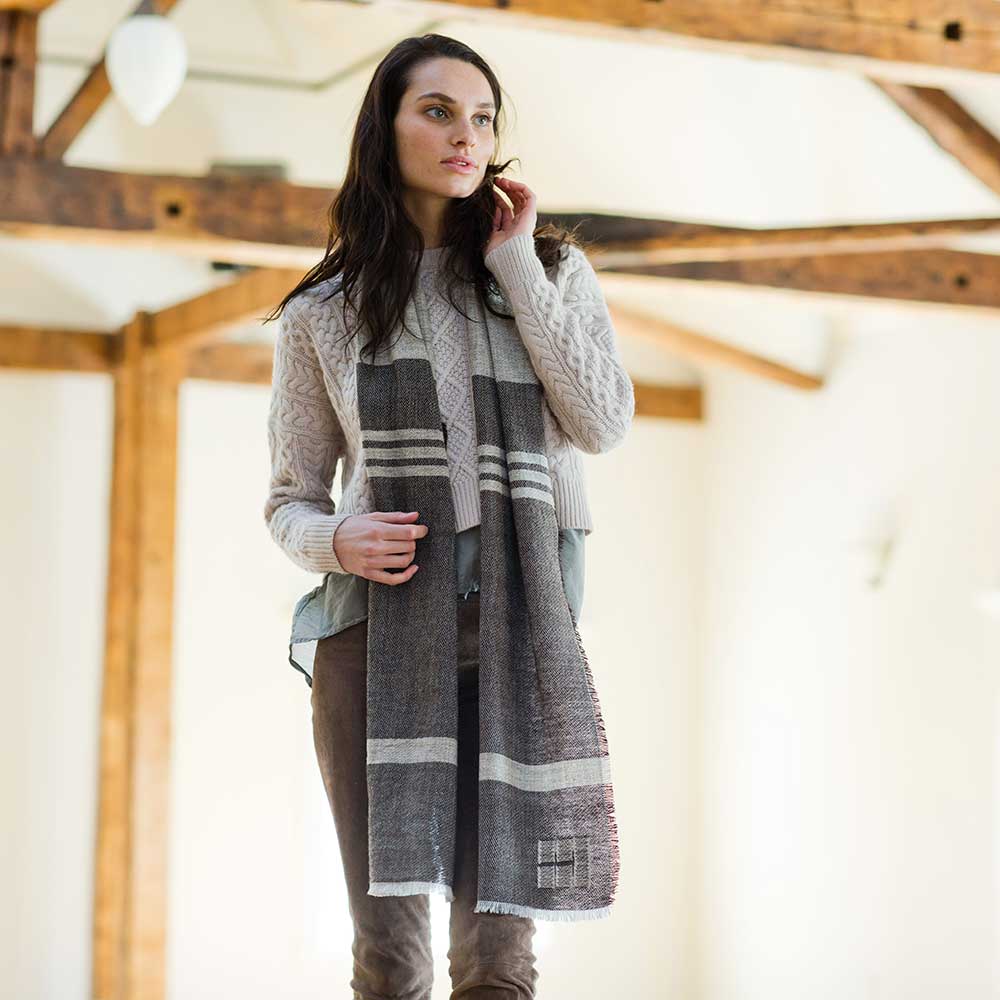 Swans Island Company's Island Collection Scarves. Handwoven in Maine using single-origin wool from Longcove Farm on Vinalhaven Island, Maine. Shown here in Brown with Grey.