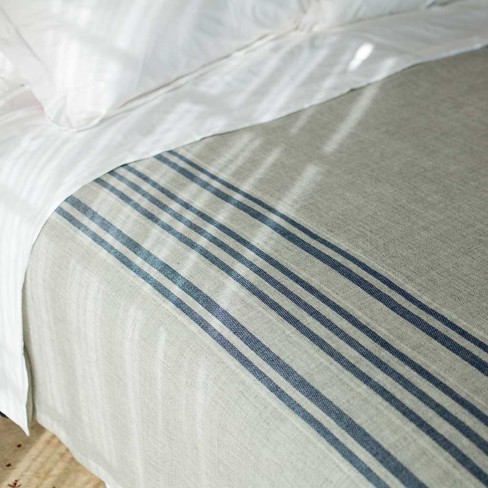 Swans Island Heritage Blanket - handwoven in Maine 100% wool. Shown here in Grey with Indigo stripes.