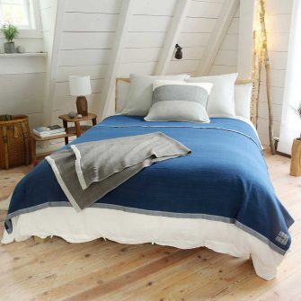 Swans Island Katahdin Blanket handwoven in naturally dyed indigo wool.