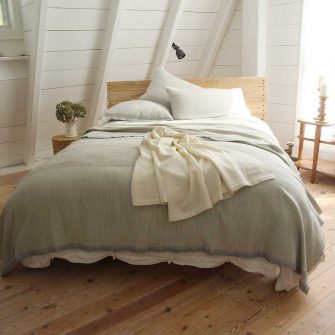 Solstice Blanket - grey and white on bed