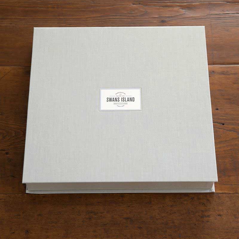 The Swans Island grey linen box for handwoven throws