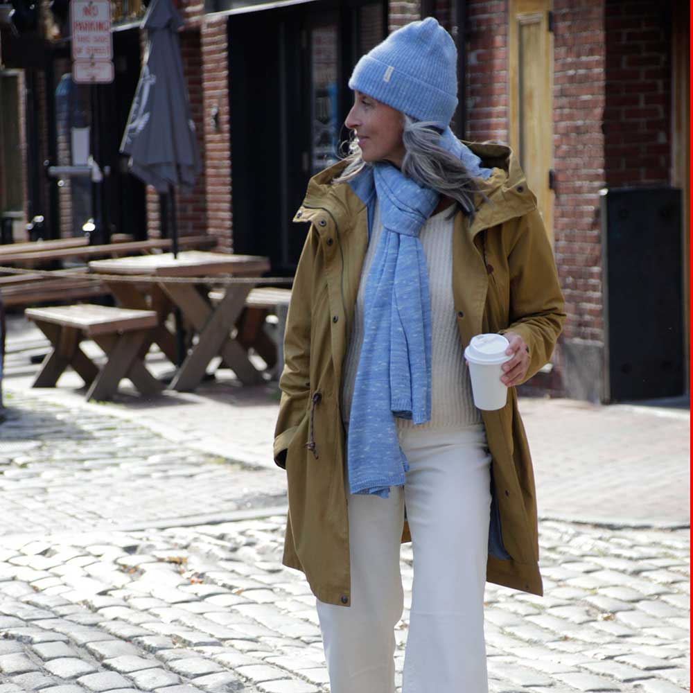 Swans Island Company's unique firefly knit accessories. Hand-dyed. Made in USA. Firefly Wrap and Firefly Hat shown here in Twilight Blue.