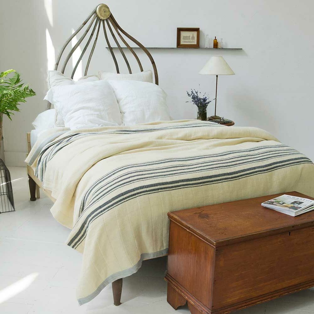 Swans Island Company's 100% Wool Blanket - The Grace Winter Blanket is handwoven in undyed Natural with hand-dyed Charcoal stripes