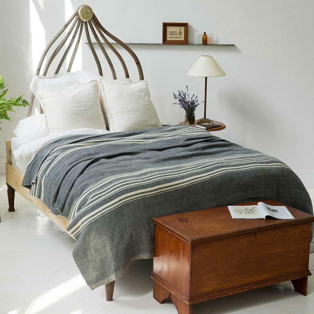 Swans Island Company's 100% Wool Blanket - The Grace Winter Blanket is handwoven in hand-dyed Charcoal with undyed Natural stripes