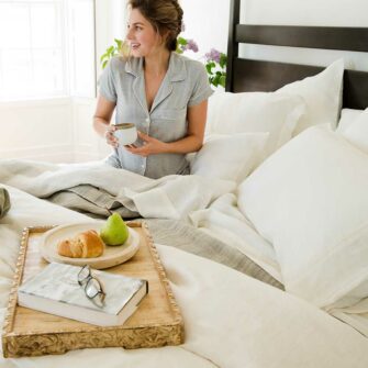 Swans Island Classic Linen Bedding Bundle. 100% French Linen, soft and substantial. Made in USA. Bedding Bundle includes one sheet set and one duvet set, shown in Ivory.