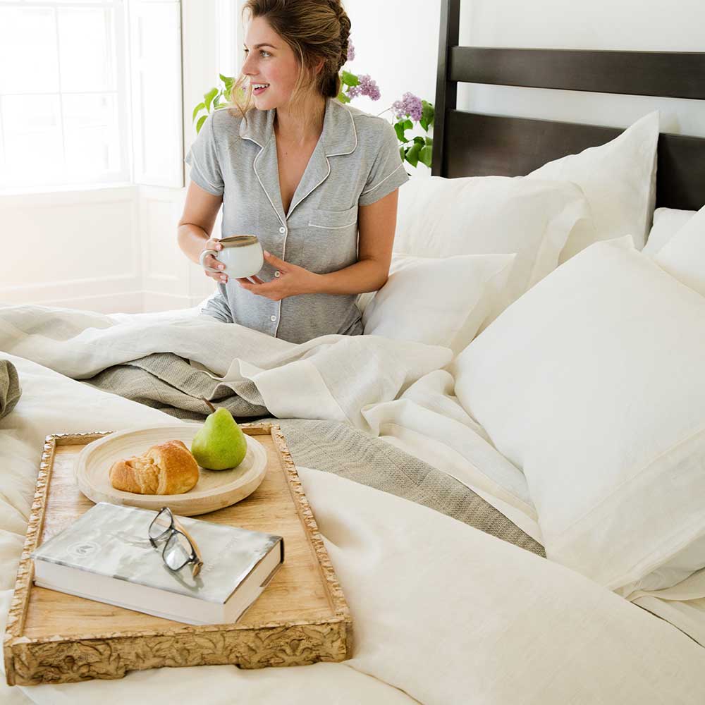 Swans Island Classic Linen Bedding Bundle. 100% French Linen, soft and substantial. Made in USA. Bedding Bundle includes one sheet set and one duvet set, shown in Ivory.