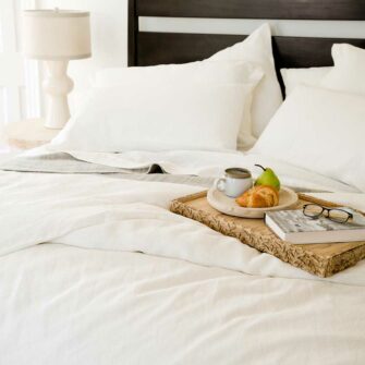 Swans Island Classic Linen Bedding Bundle. 100% French Linen, soft and substantial. Made in USA. Bedding Bundle includes one sheet set and one duvet set, shown in Ivory.