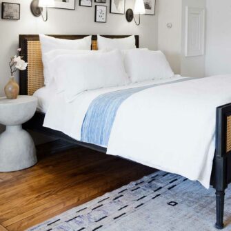 Swans Island Classic Linen Bedding Bundle. 100% French Linen, soft and substantial. Made in USA. Bedding Bundle includes one sheet set and one duvet set, shown in White.