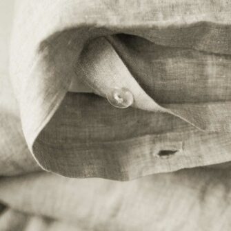 Swans Island Classic Linen Duvet Cover. 100% French Linen, soft and substantial. Made in USA. Duvet Cover shown in Flax, button closure detail.