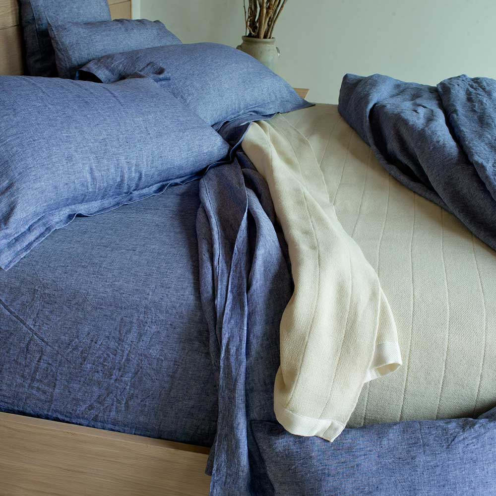 Swans Island Chambray Linen Bedding shown in Nautical Blue.