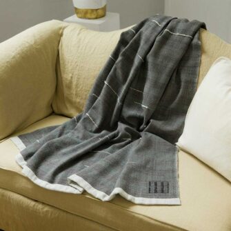 Swans Island's White Caps Throw - handwoven with 100% hand-dyed merino wool. Made in Maine. Shown here in Charcoal with Natural.