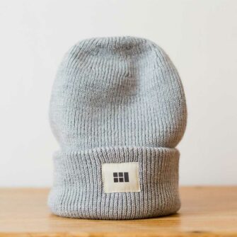 Swans Island Logo Hat - hand-dyed silk + Merino wool knit. Shown in Pewter.