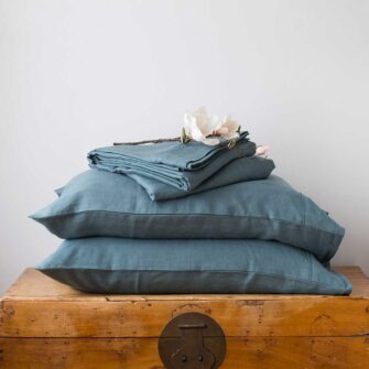 Swans Island Company's Relaxed Linen Sheet Set is made with 100% French linen, stitched in the USA. Shown here in Aegean.