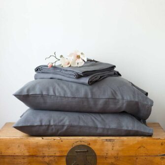 Swans Island Company's Relaxed Linen Sheet Set is made with 100% French linen, stitched in the USA. Sheet set is shown here in Slate.