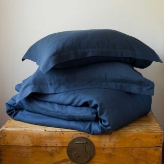 Swans Island Company's Relaxed Linen bedding is made with 100% French linen, stitched in the USA. Shown here, duvet set in Midnight Blue.