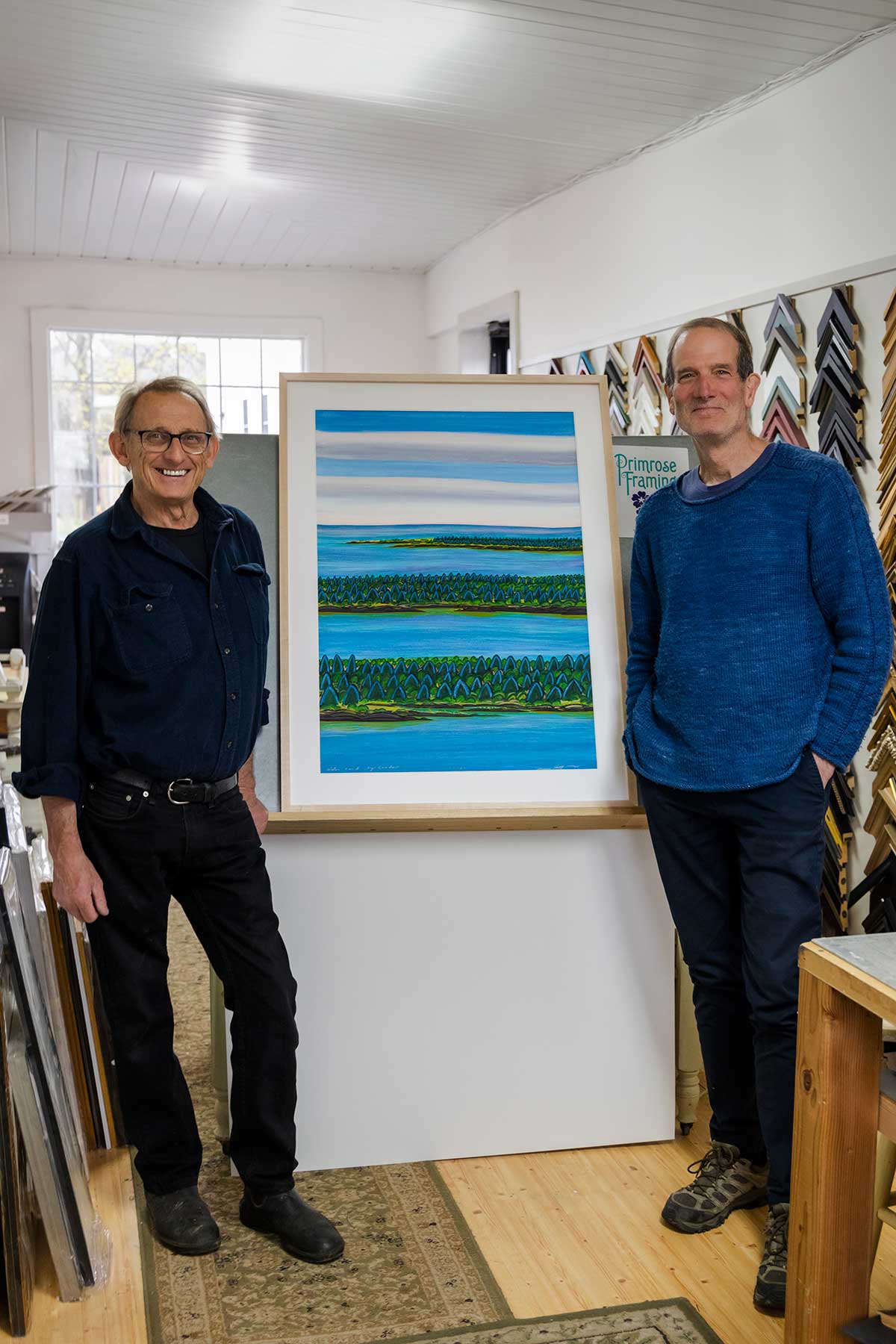 Swans Island & Eric Hopkins Limited Edition Throw 2024. Original painting by Maine artist Eric Hopkins inspires this limited edition handwoven throw by Swans Island Company. Available June 2024. Eric Hopkins and Bill Laurita of Swans Island Co.