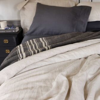 Swans Island Company's Stone Coast Linen Bedding Bundle. Includes 1 Relaxed Linen Sheet Set in Obsidian + 1 Classic Linen Duvet Set in Flax. Shown here paired with a Signature signature handwoven Grace Winter wool blanket in Charcoal.
