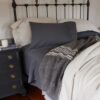 Swans Island Company's Stone Coast Linen Bedding Bundle. Includes 1 Relaxed Linen Sheet Set in Obsidian + 1 Classic Linen Duvet Set in Flax. Shown here paired with a Signature signature handwoven Grace Winter wool blanket in Charcoal.