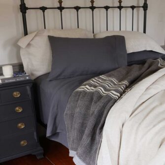 Swans Island Company's Stone Coast Linen Bedding Bundle. Includes 1 Relaxed Linen Sheet Set in Obsidian + 1 Classic Linen Duvet Set in Flax. Shown here paired with a Signature signature handwoven Grace Winter wool blanket in Charcoal.