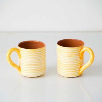 Striped Mug. Handcrafted in Portugal. Shown here in Tangerine Yellow. Set of two.