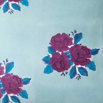 Swans Island Company's Sara pattern by Soil to Studio. Block printed by hand in India with bright playful patterns. Shown here in Denim with roses. Swatch