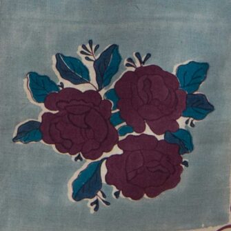 Swans Island Alisha Table Runner by Soil to Studio. Block printed by hand in India with bright playful patterns. Shown here in Denim Blue with Beetroot Floral. Swatch