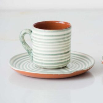 Striped Espresso Cup & Saucer.. Handcrafted in Portugal. Shown here in sage.