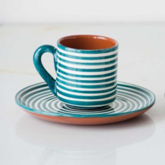 Striped Espresso Cup & Saucer.. Handcrafted in Portugal. Shown here in teal.