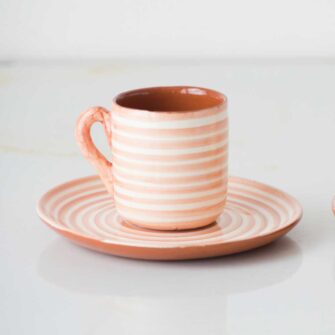 Striped Espresso Cup & Saucer.. Handcrafted in Portugal. Shown here in terracotta.
