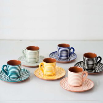 Striped Espresso Cup & Saucer.. Handcrafted in Portugal. Shown here in multiple colors.