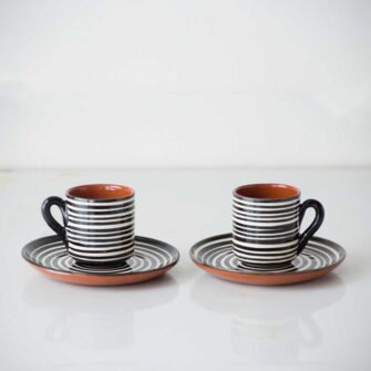 Striped Espresso Cup & Saucer.. Handcrafted in Portugal. Shown here in black.