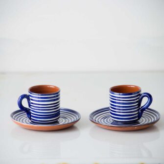 Striped Espresso Cup & Saucer.. Handcrafted in Portugal. Shown here in blue.
