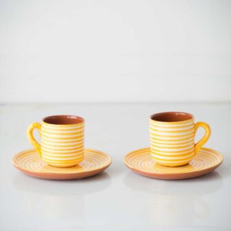 Striped Espresso Cup & Saucer.. Handcrafted in Portugal. Shown here in tangerine yellow.