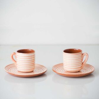 Striped Espresso Cup & Saucer.. Handcrafted in Portugal. Shown here in terracotta.