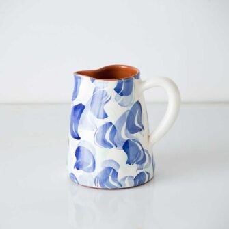 Swans Island Company's Terracotta fan Jug - Handmade in Portugal. Shown here in Blue fan pattern.