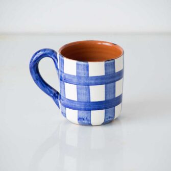 Grid Terracotta Mug. Handcrafted in Portugal. Shown here in Blue.