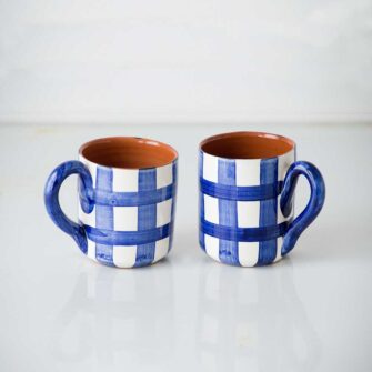 Grid Terracotta Mug. Handcrafted in Portugal. Shown here in Blue.