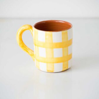 Grid Terracotta Mug. Handcrafted in Portugal. Shown here in Tangerine Yellow.