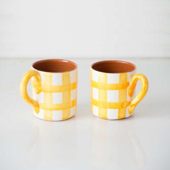 Grid Terracotta Mug. Handcrafted in Portugal. Shown here in Tangerine Yellow.
