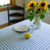 Swans Island Company's Gingham Check tablecloth. Woven in Maine. Shown here in Wedgwood & White.