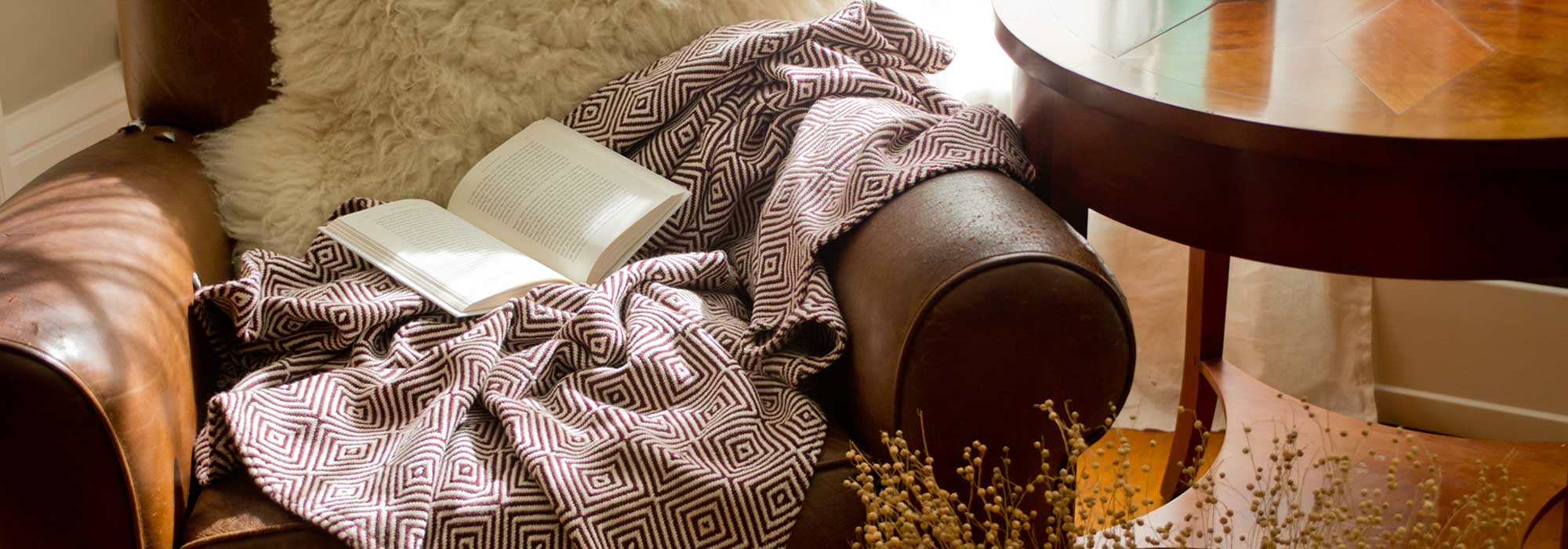 throw on leather chair with book