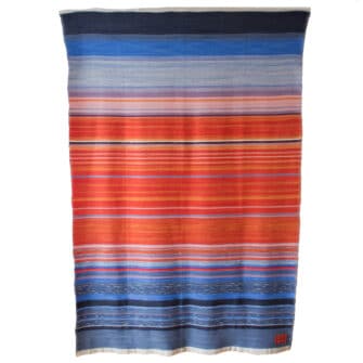 Swans Island Company's Horizon Limited Edition 2026 Throw - A tangible homage to the vibrant colors of first light and golden hour when the sun rises and sets. Handwoven in Maine with hand-dyed wools - a textiles collectors piece. A full width view of the intricate throw design.